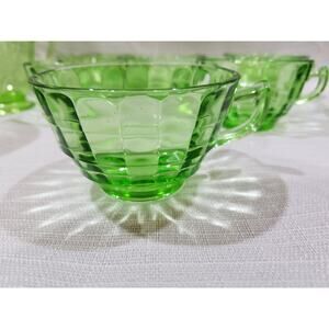 Vintage Anchor Hocking Block Optic Green Depression Glass Cups/ Saucers Set of 6